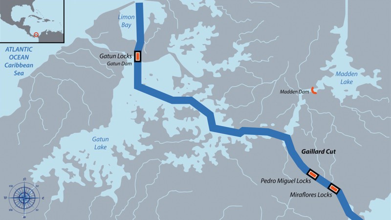 Auf atlantischer und pazifischer Seite muss mit Hilfe von drei Schleusen ein Höhenunterschied von 26 Metern überwunden werden.