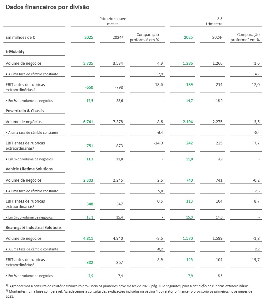 Table 2 - Dados financeiros por divisão 