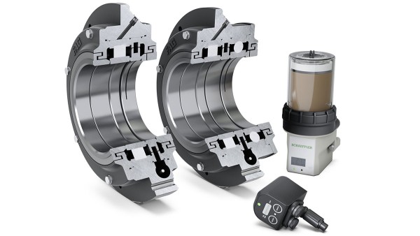 Die Flanschlager-Gehäuseeinheiten FERS (links) und FERB (rechts) mit Service-Paket für Elektromotoren: Condition Monitoring System SmartCheck und Schmierstoffgeber Concept2.